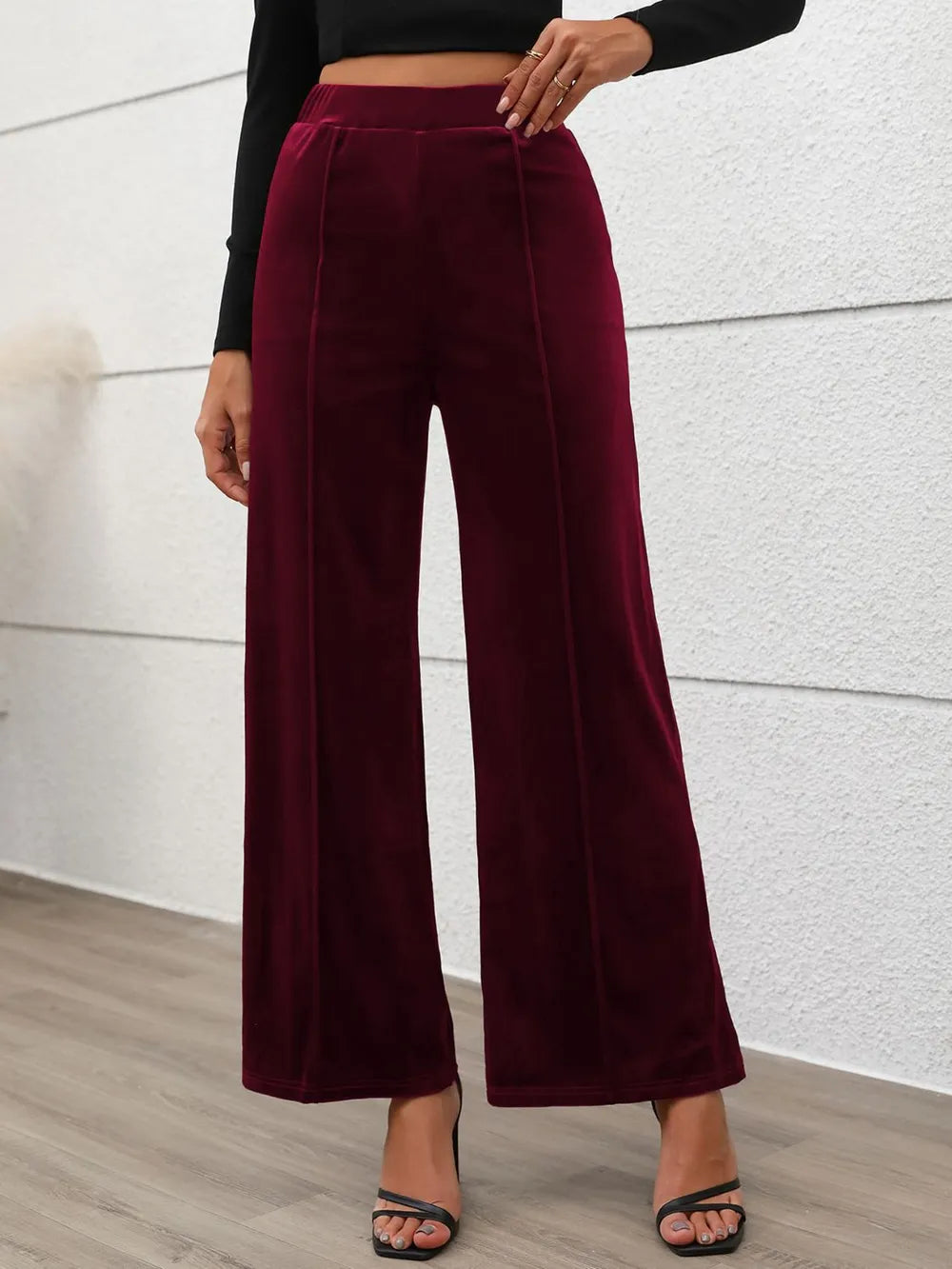 Elastic Waist Wide Leg Pants in Burgundy