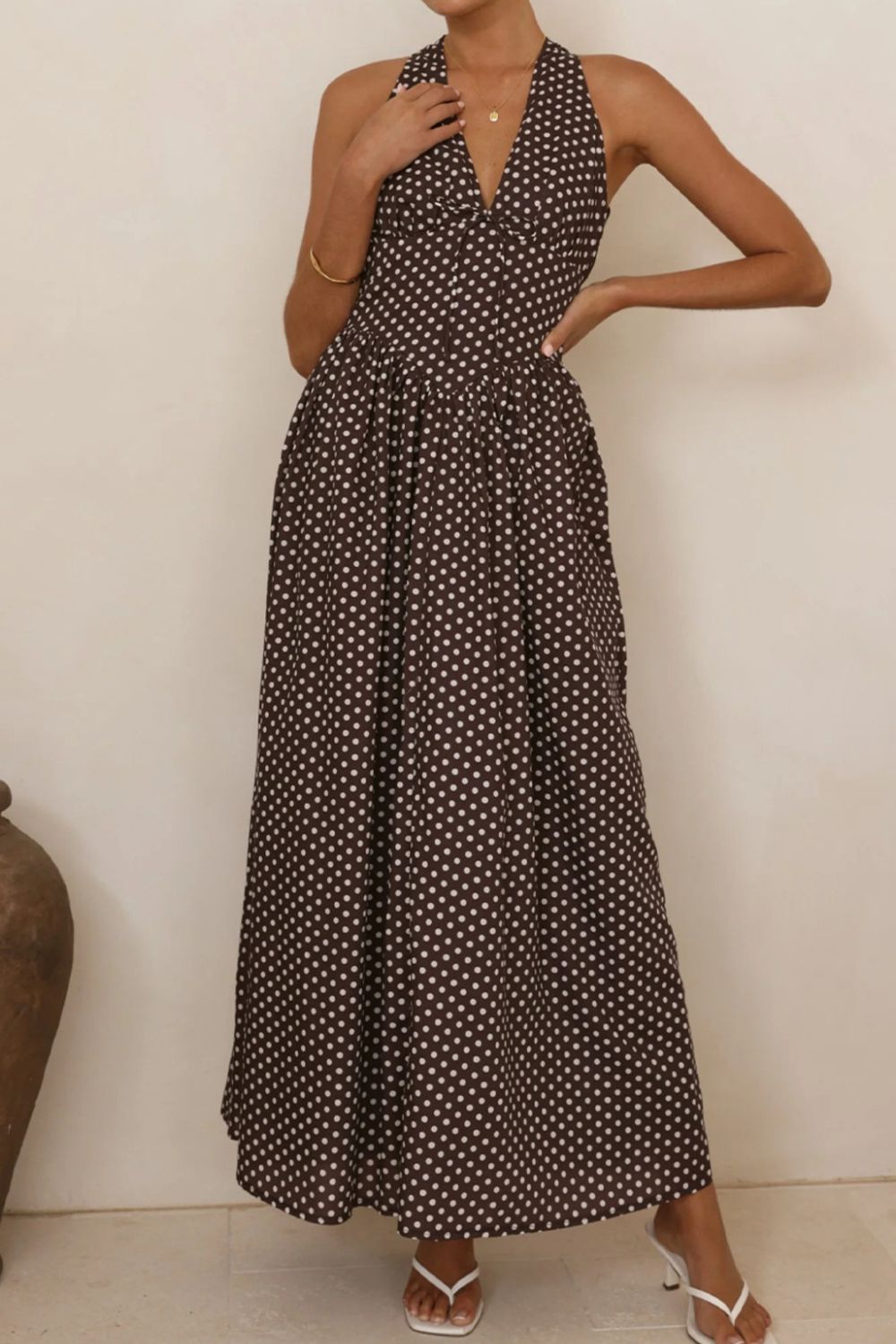 Backless Polka Dot Halter Maxi Dress