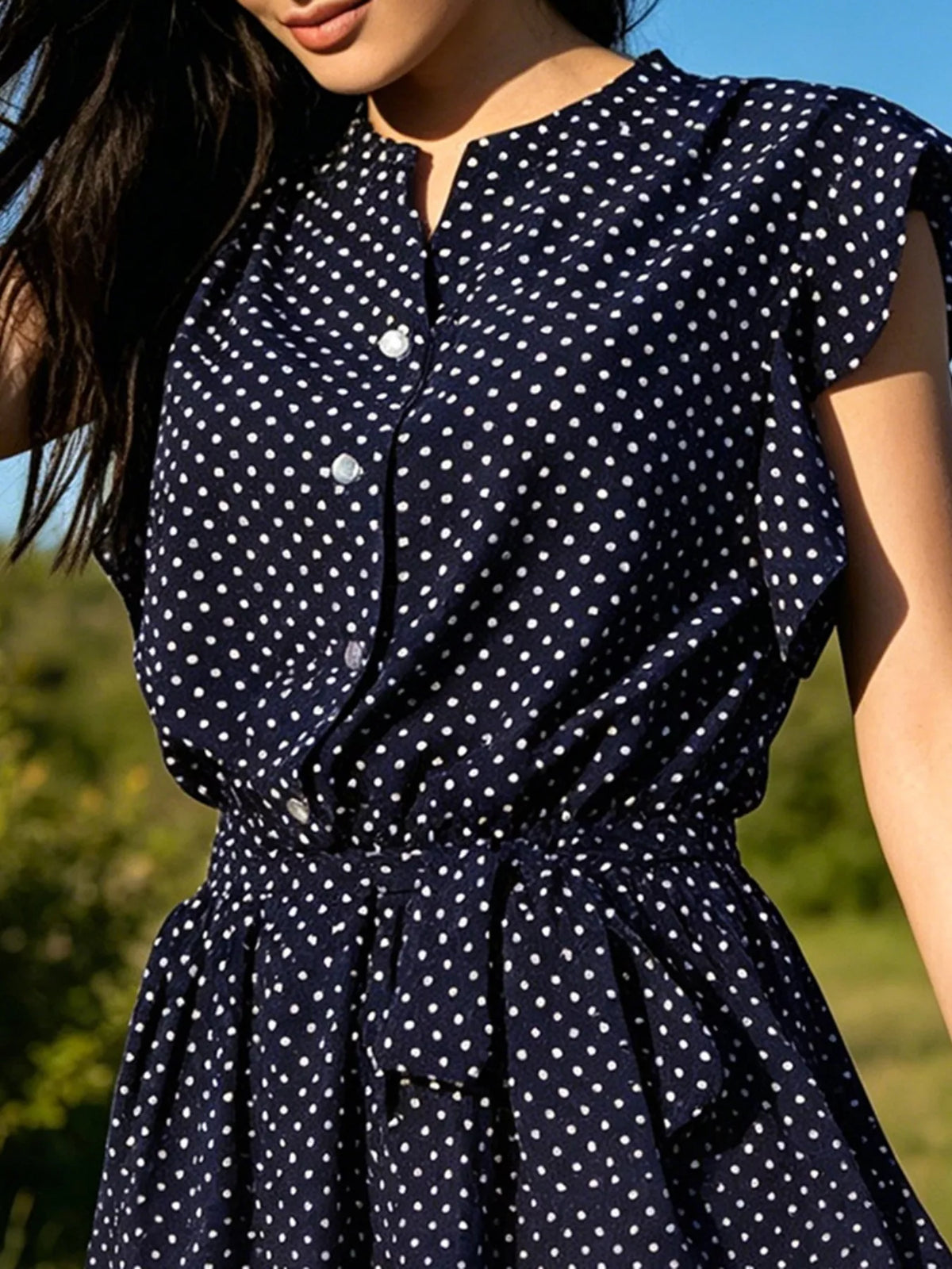 Polka Dot Ruffle Sleeve Tie-Waist Dress