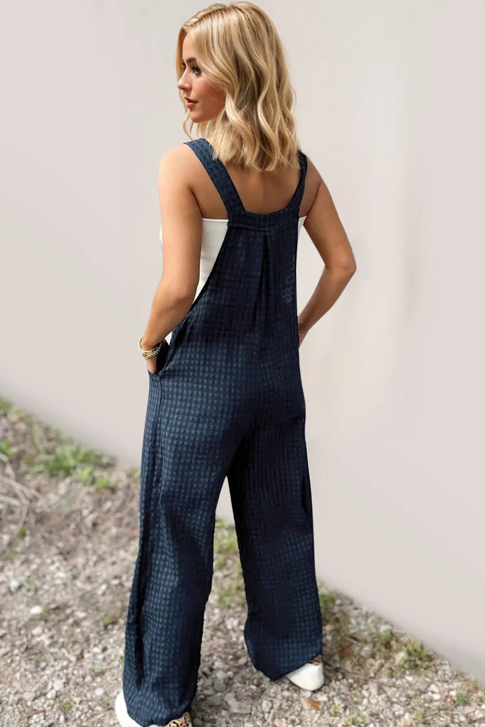 Plaid Wide Leg Overalls in Peacock Blue in Peacock  Blue