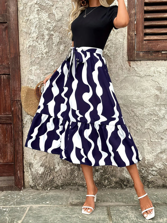 Printed Tie Midi Dress in Dark Blue