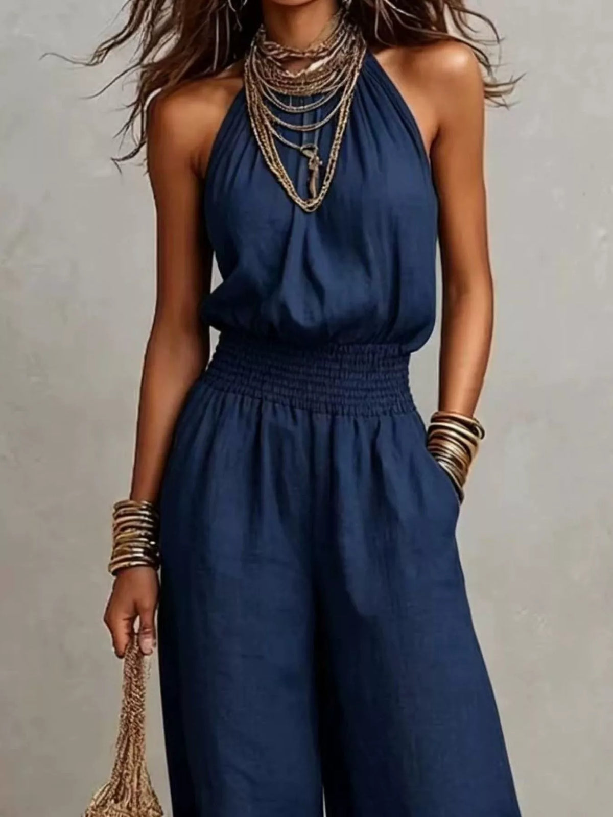 Halter Neck Smocked Wide-Leg Jumpsuit
