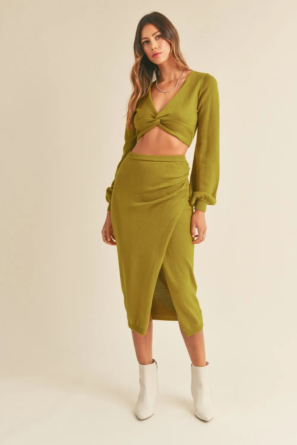 Front Twist Knit Top and Midi Skirt Set in Moss Green
