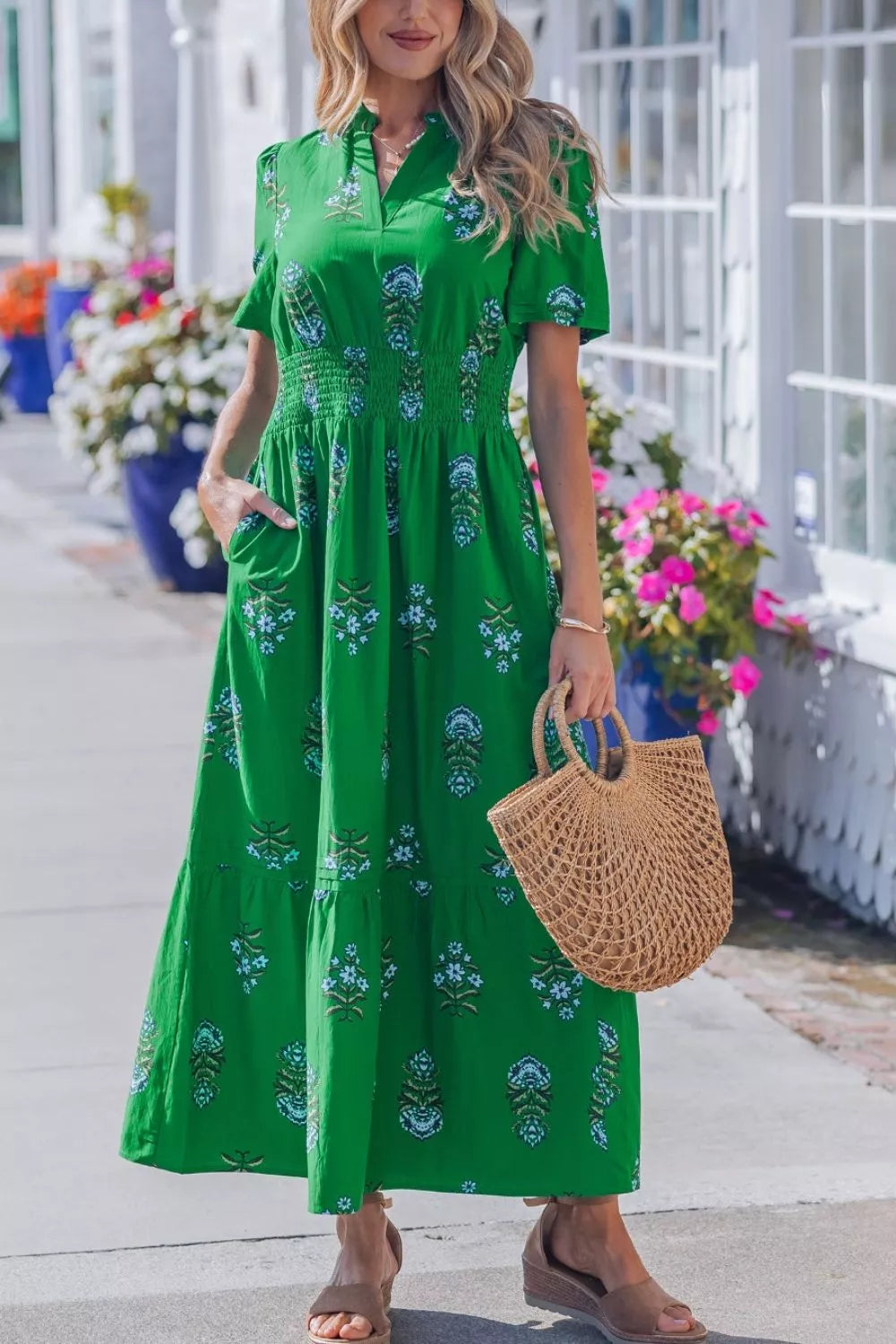 Floral Print Smocked-Waist Maxi Dress in Dark Green