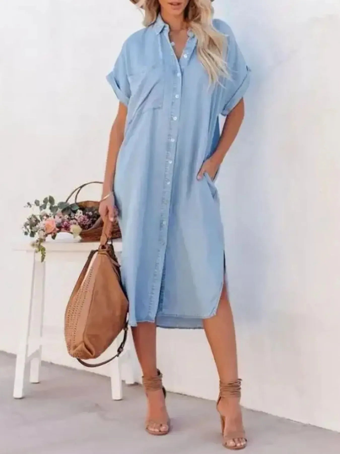 Button Down Denim Midi Shirt Dress in 1907 Color