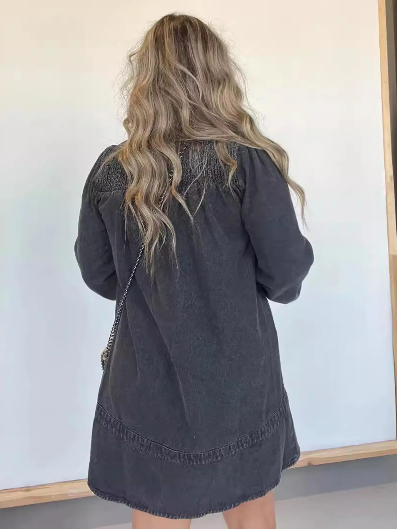 Button-Front Long Sleeve Denim Dress