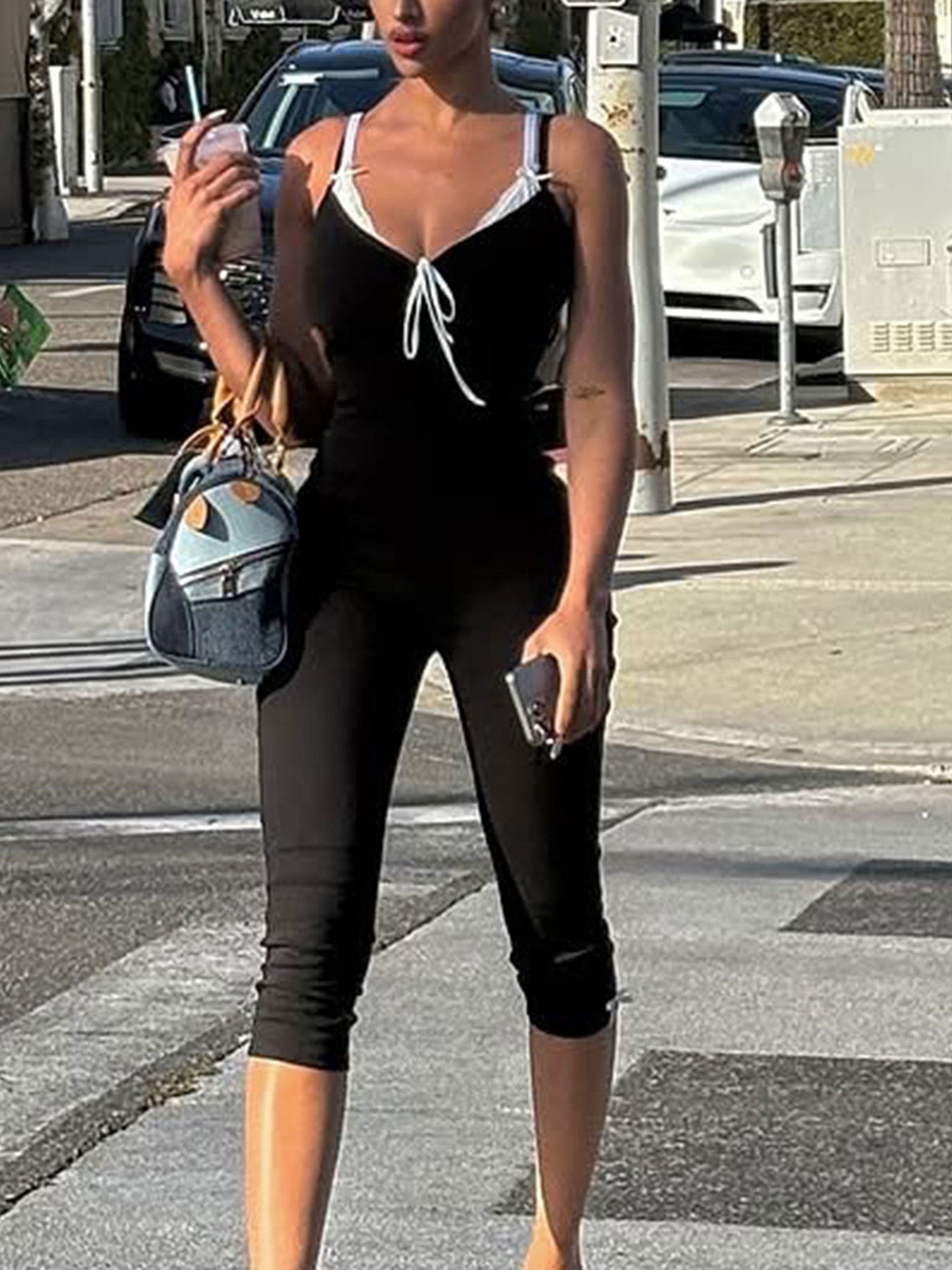 Lace-Trim Tie-Front Capri Jumpsuit in Black