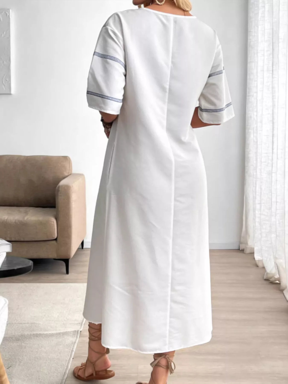 Striped V-Neck Maxi Dress in White