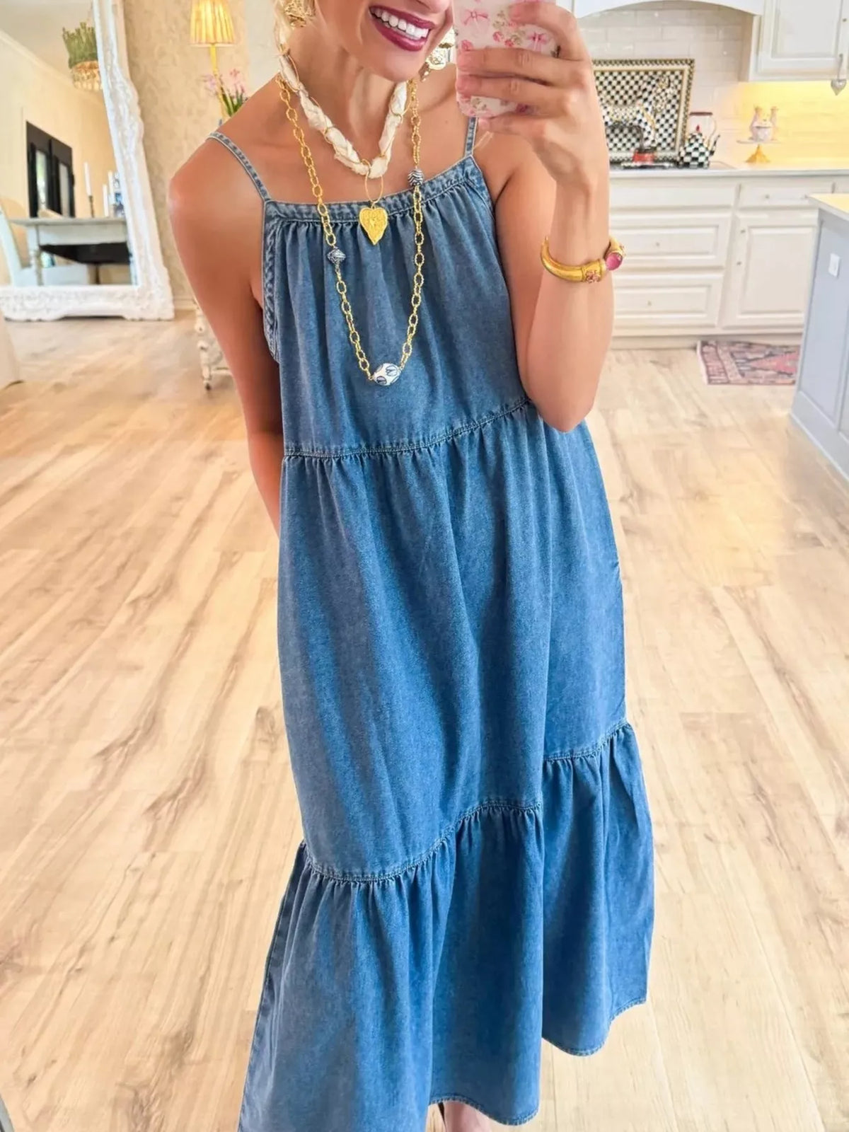 Tiered Ruffle Hem Denim Dress in Blue