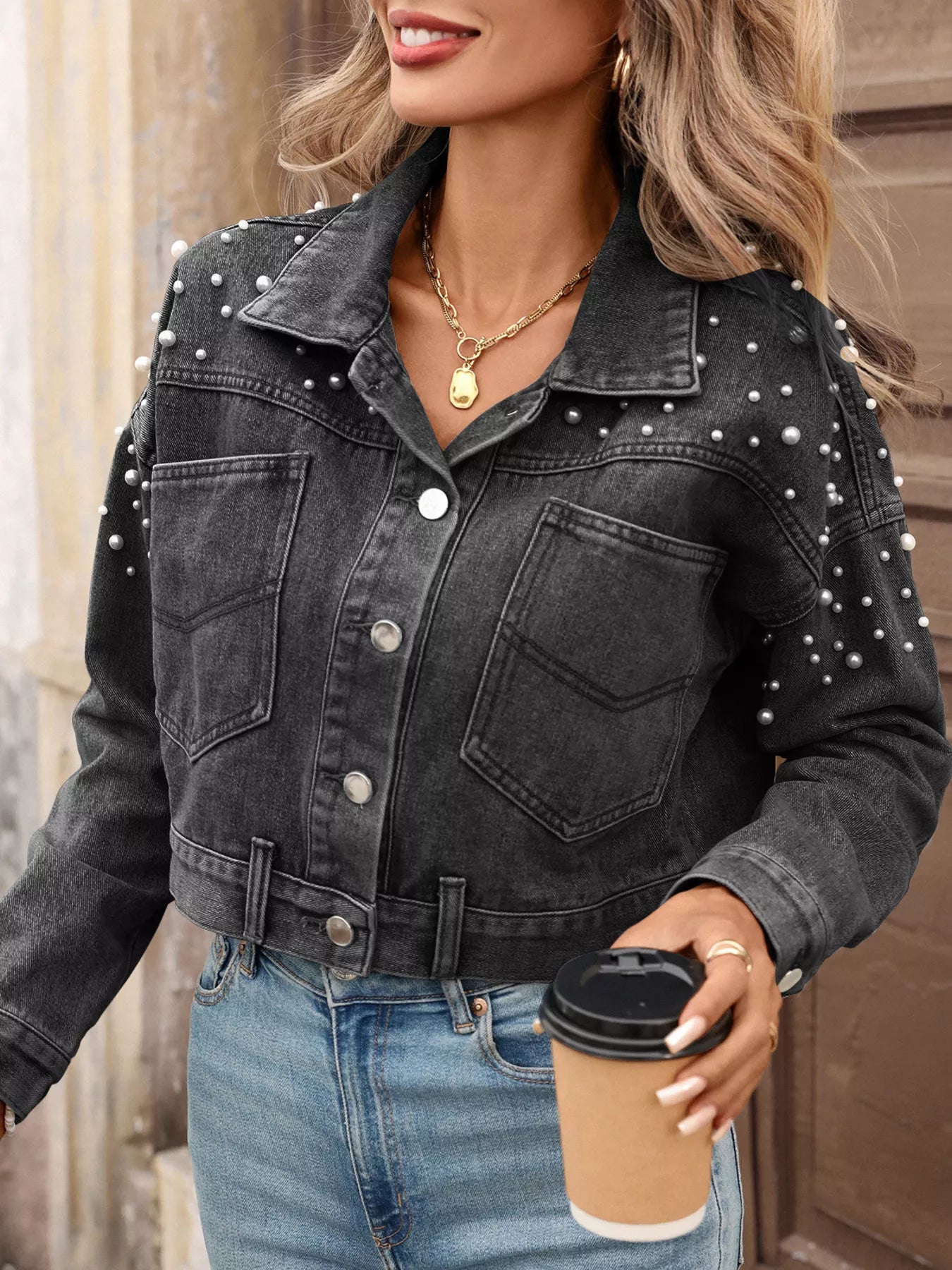 Pearl Embellished Cropped Denim Jacket by Moni Wear