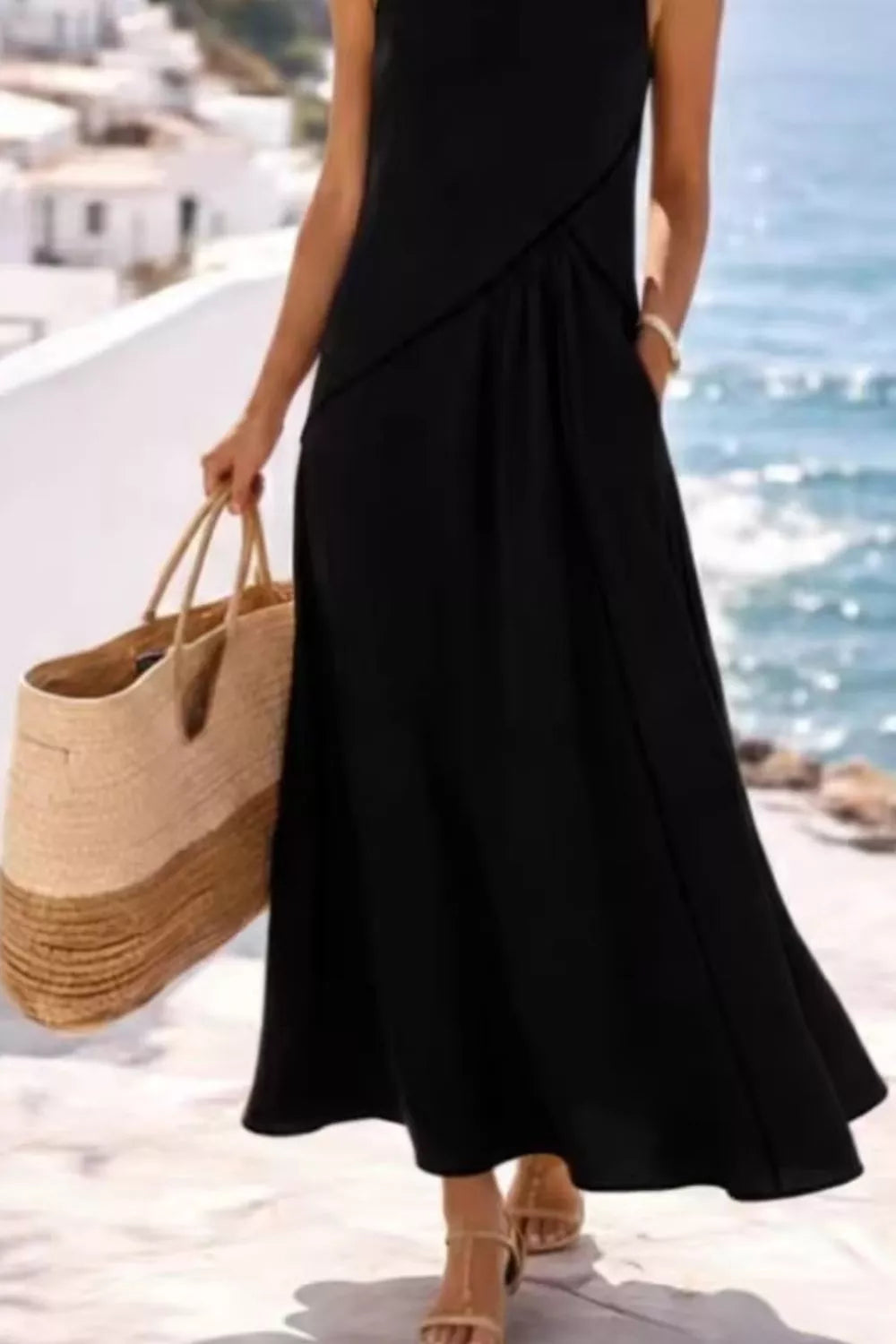Sleeveless Maxi Dress with Contrast Trim and Pockets