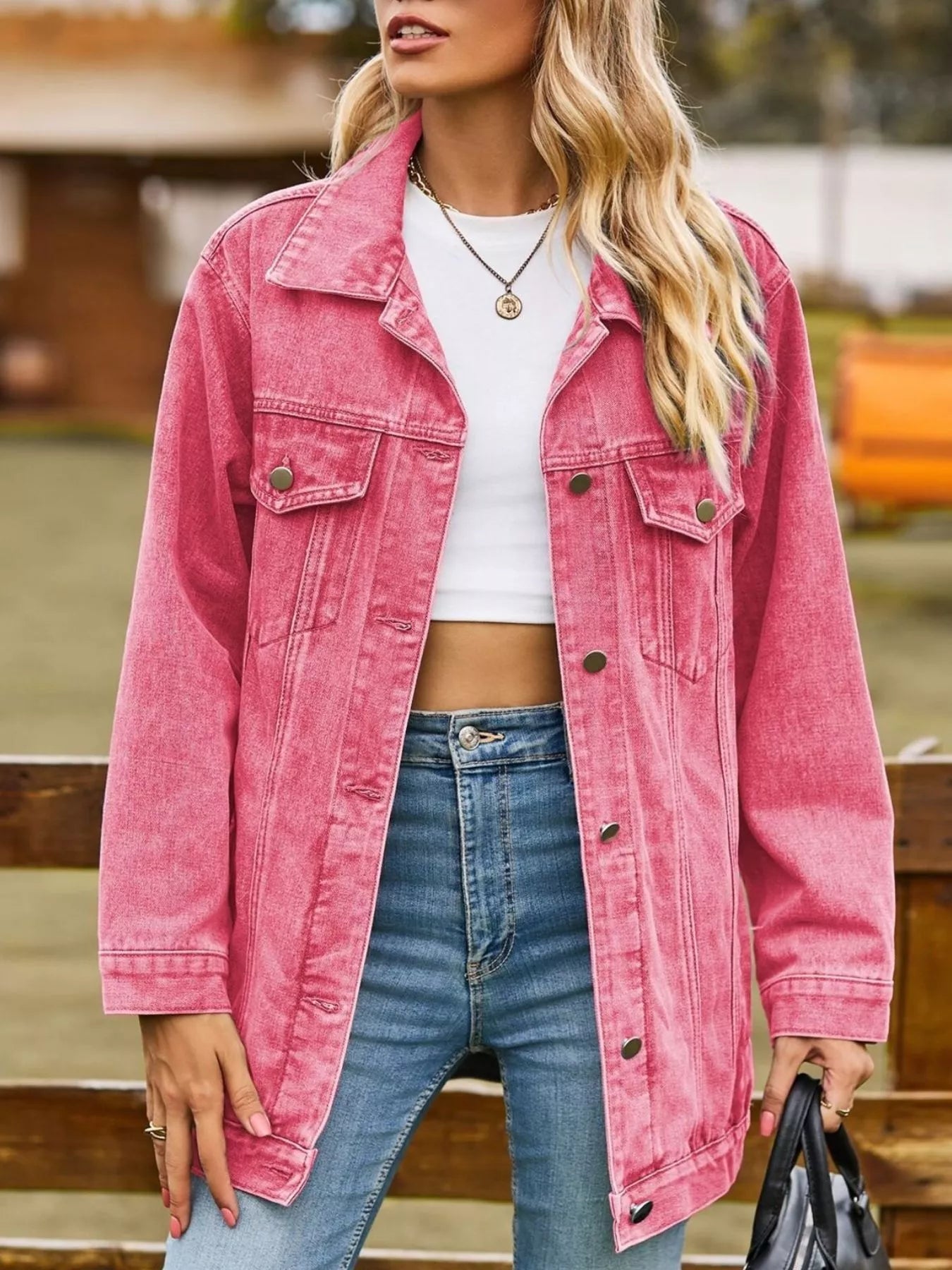 Button-Down Washed Denim Jacket in Hot Pink by Moni Wear