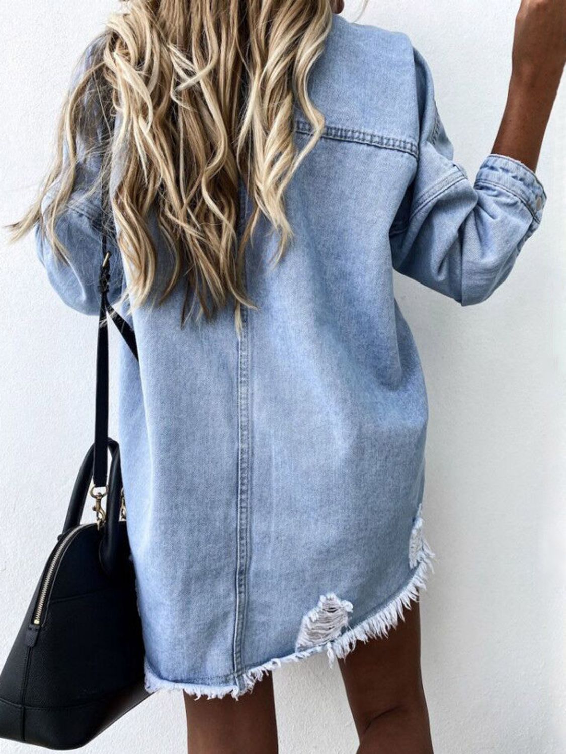Raw Hem Collared Long Sleeve Denim Jacket