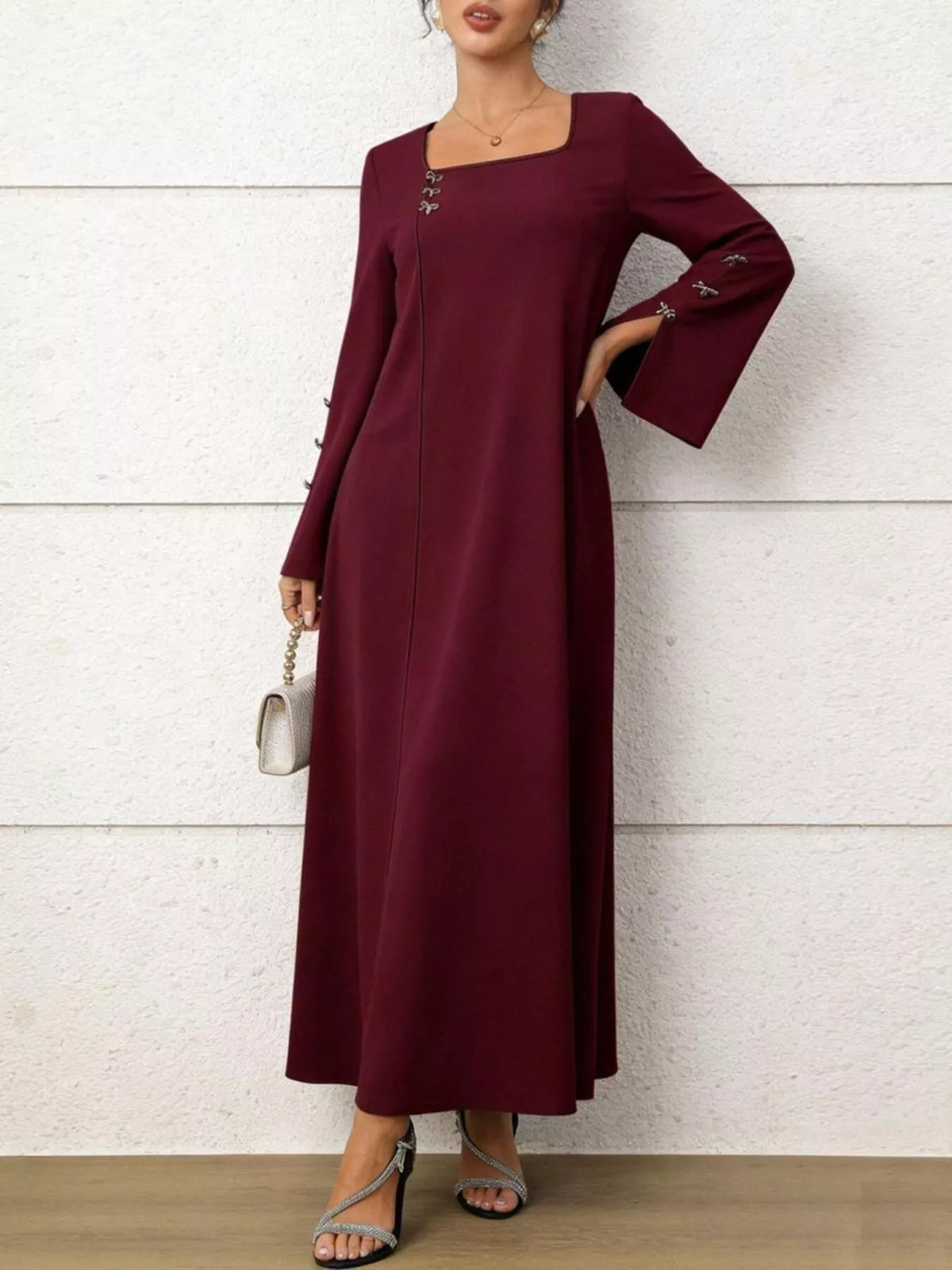 Square Neck Flare Sleeve Maxi Dress in Burgundy