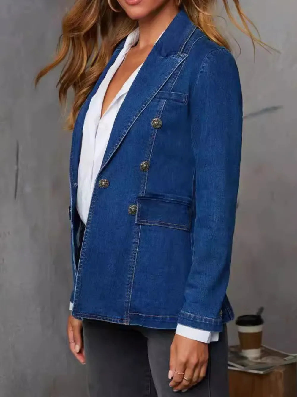 Collared Long-Sleeve Denim Jacket in Dark Wash by Y.Y@Denim