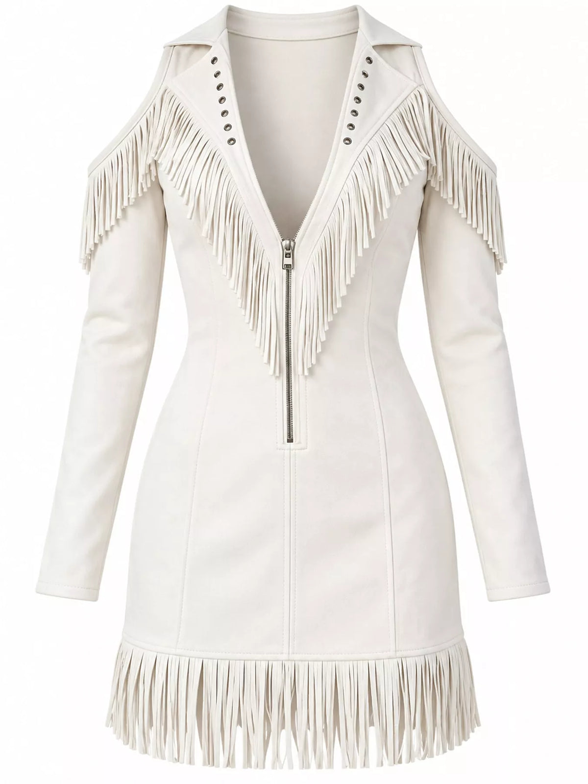 Fringed Cold-Shoulder Zip-Front Mini Dress