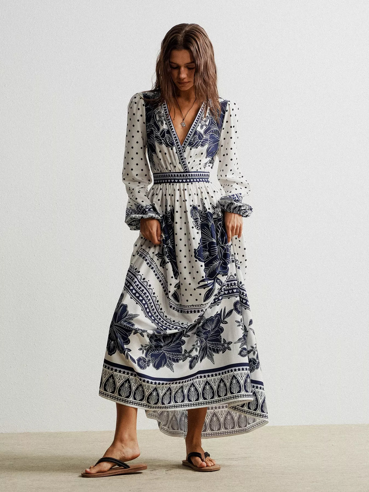 Ruched Floral Long Sleeve Maxi Dress in Indigo