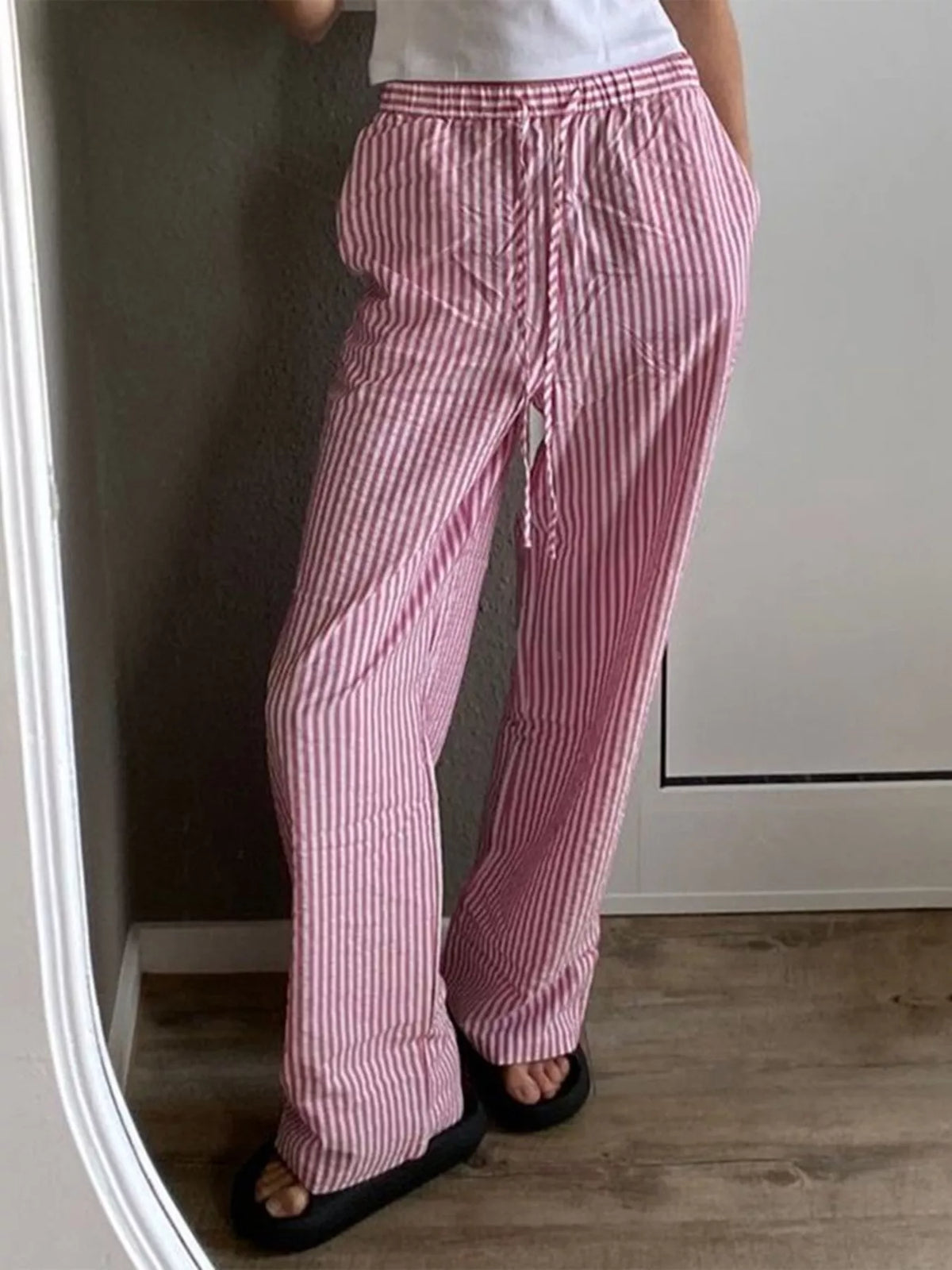 Striped High-Waisted Drawstring Casual Pants in Pink