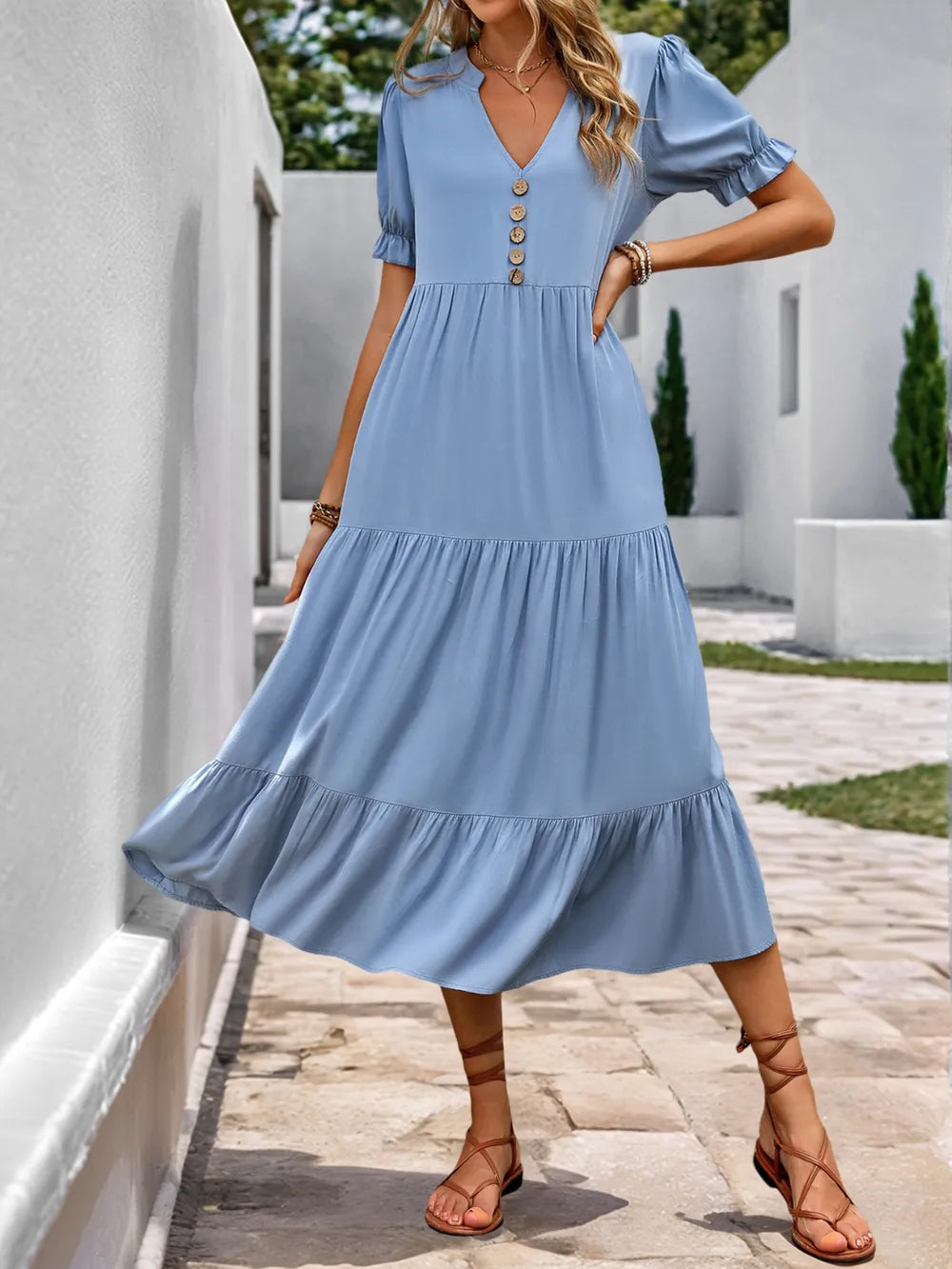 Notched Tiered Midi Dress in Light Blue