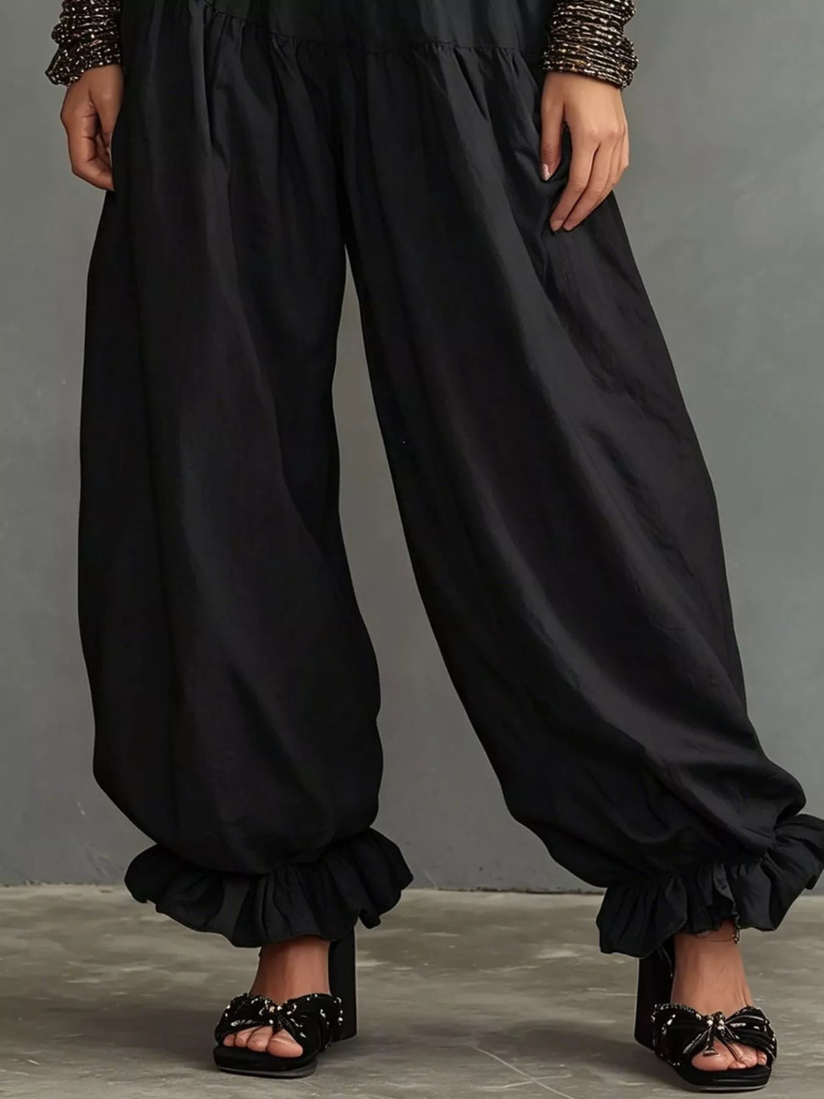Smocked Ruffle Hem Wide Leg Pants