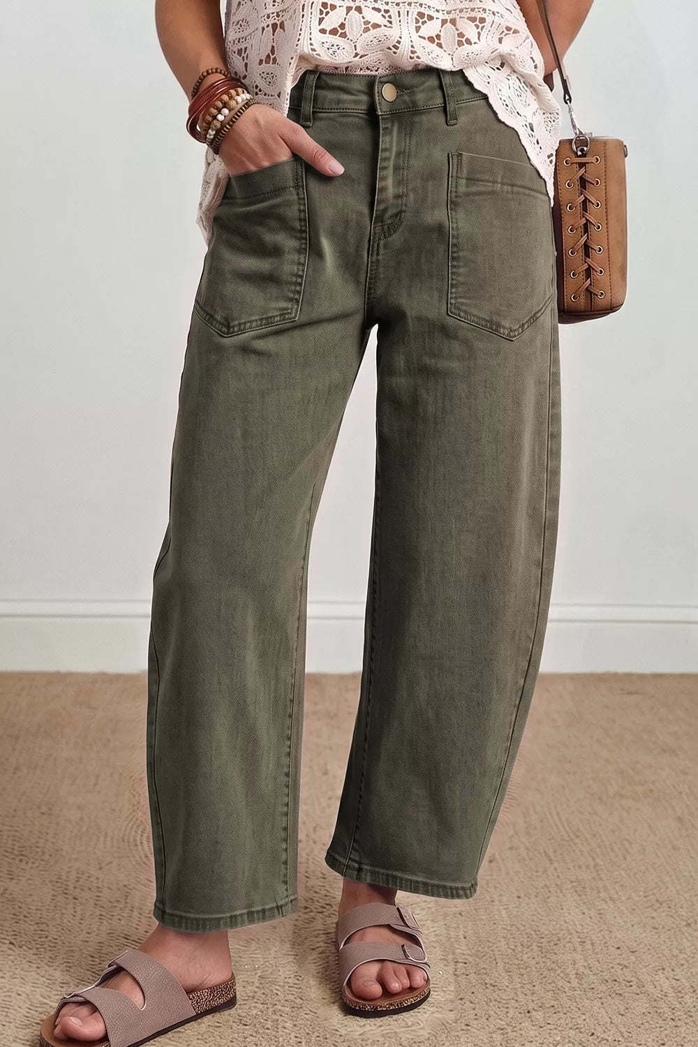 Square Patch Pocket Barrel Jeans in Army Green