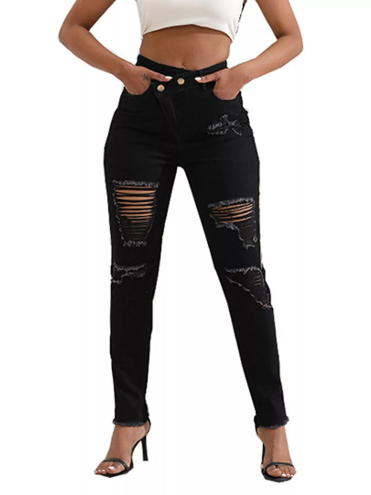 Distressed Raw Hem High-Waisted Jeans