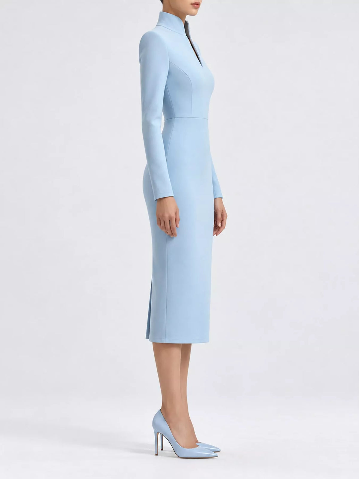 Plus Size Stand-Collar Long-Sleeve Midi Dress