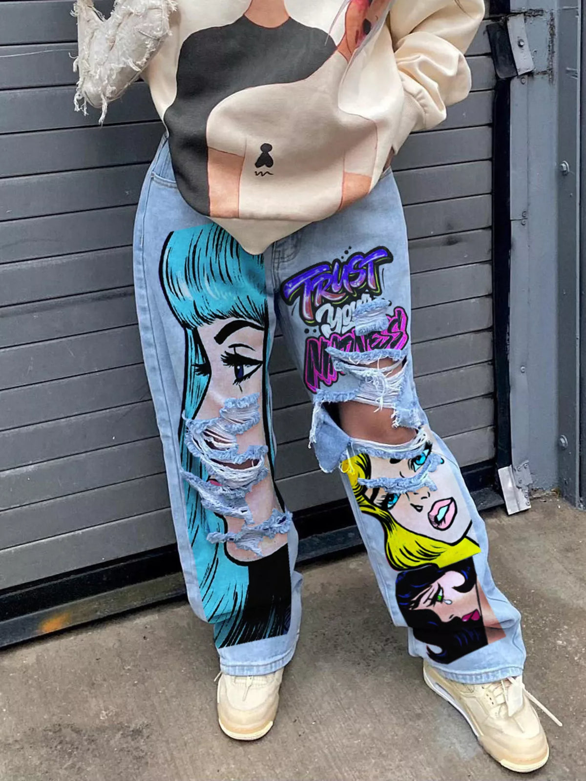Pop Art Graphic Distressed Wide-Leg Jeans