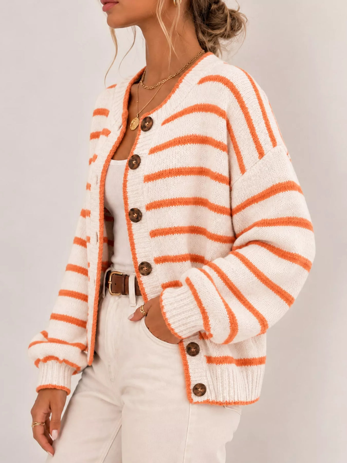 Striped Button-Front Knit Cardigan