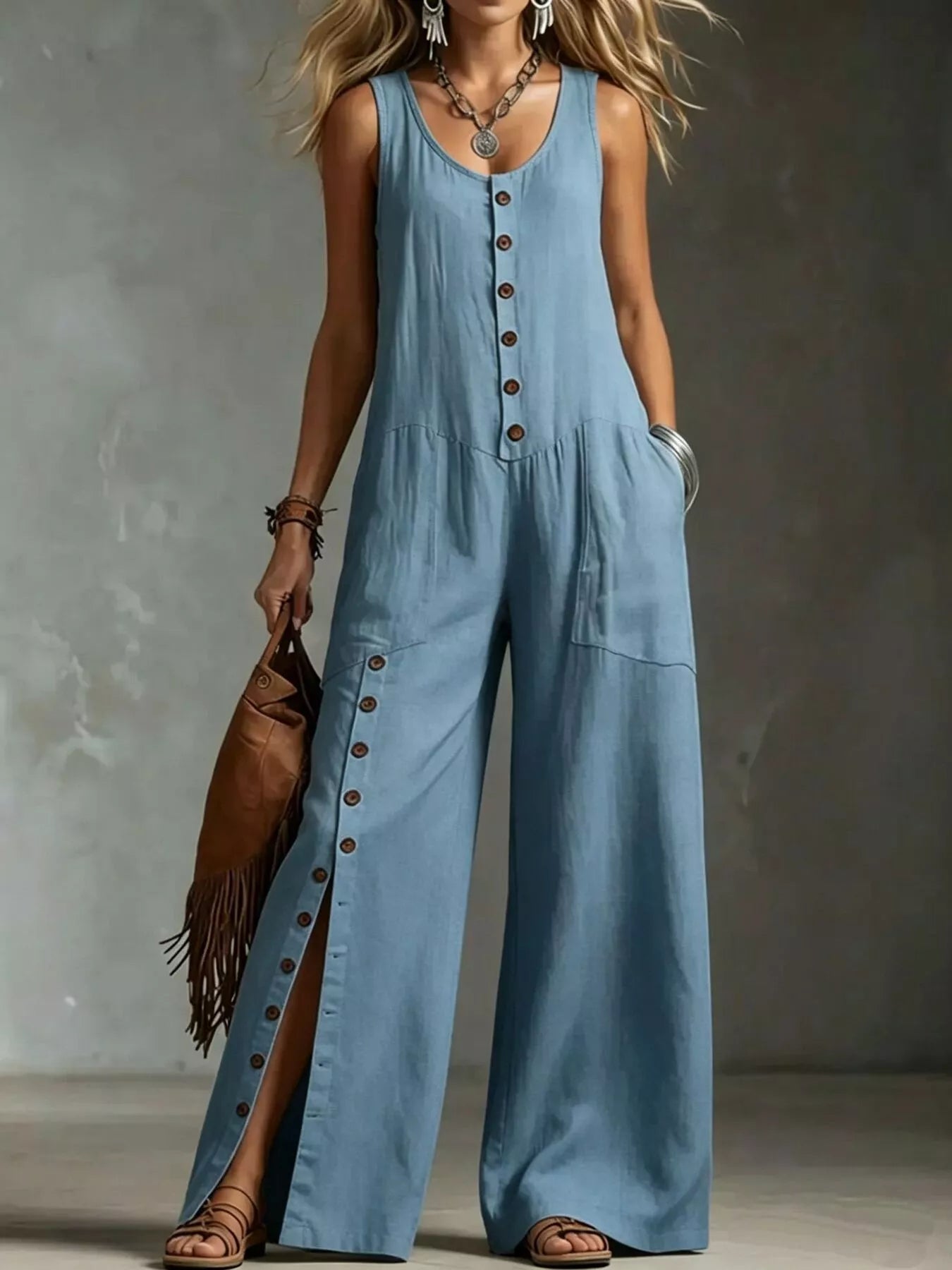 Sleeveless Button-Down Wide-Leg Jumpsuit