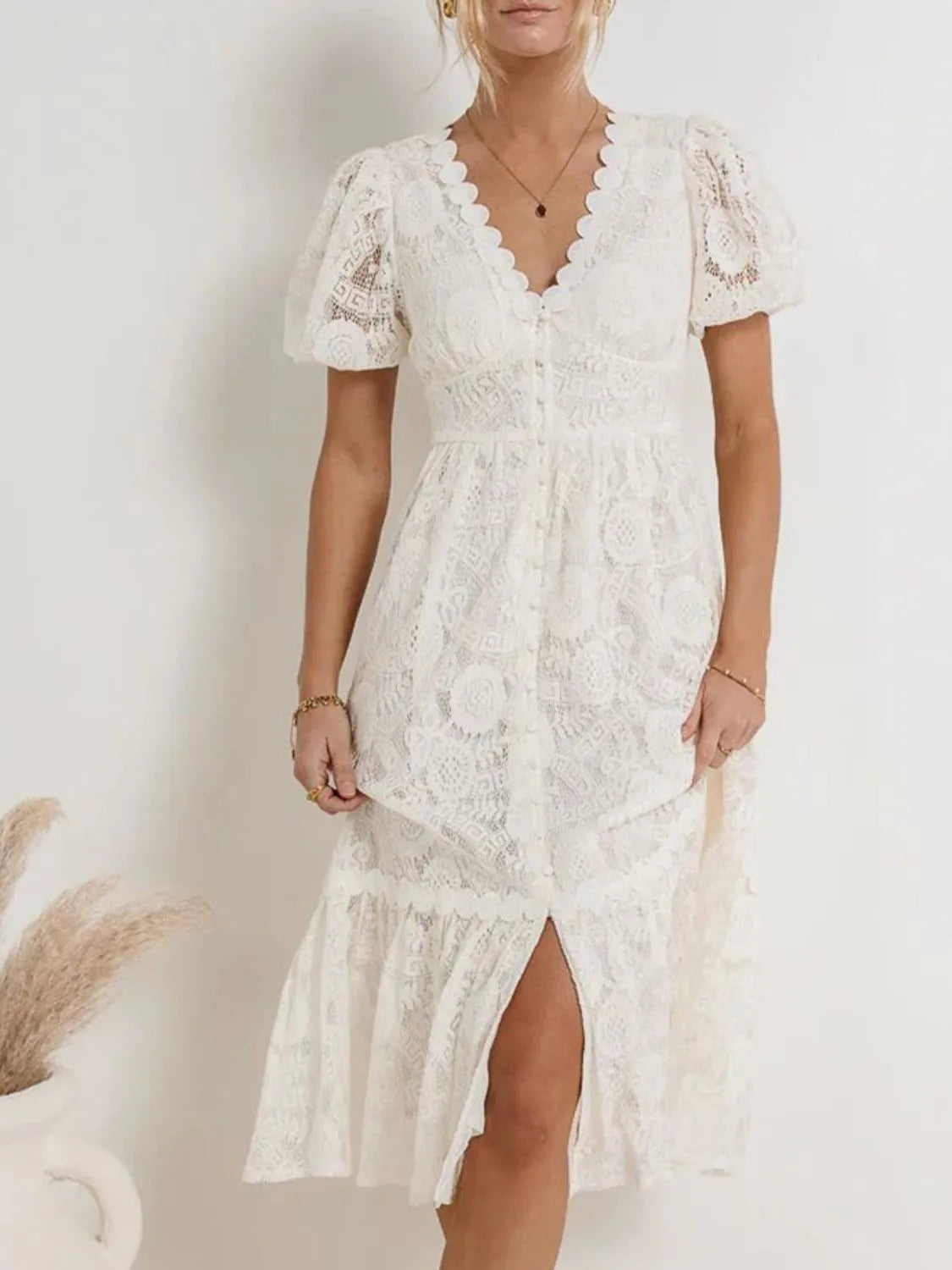 Lace V-Neck Short Sleeve Dress in Dusty Pink