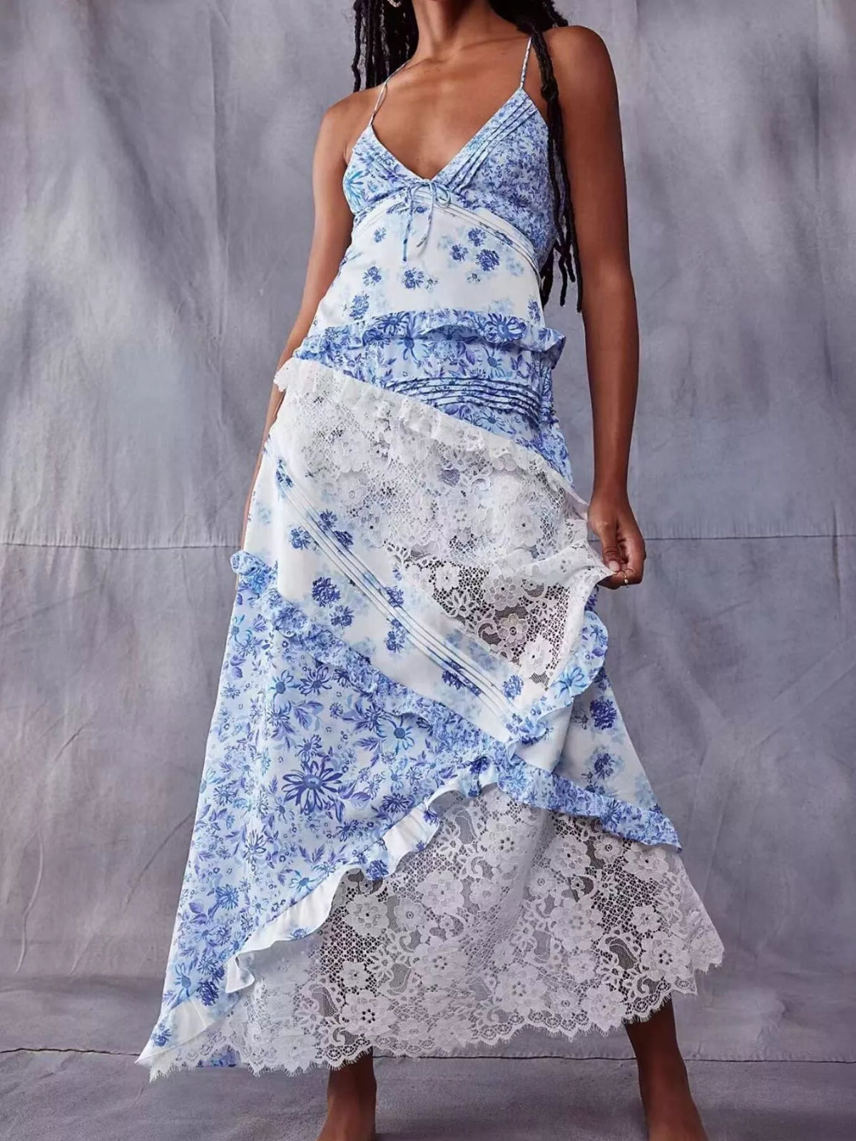 Lace Detail Ruffled V-Neck Maxi Dress
