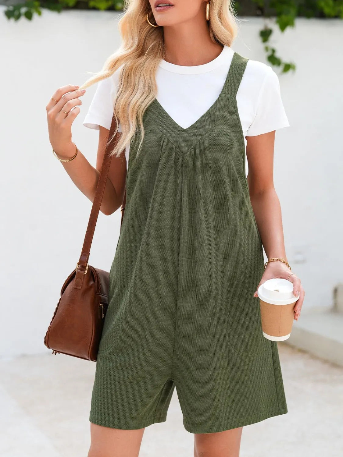 V-Neck Wide Strap Romper with Pockets