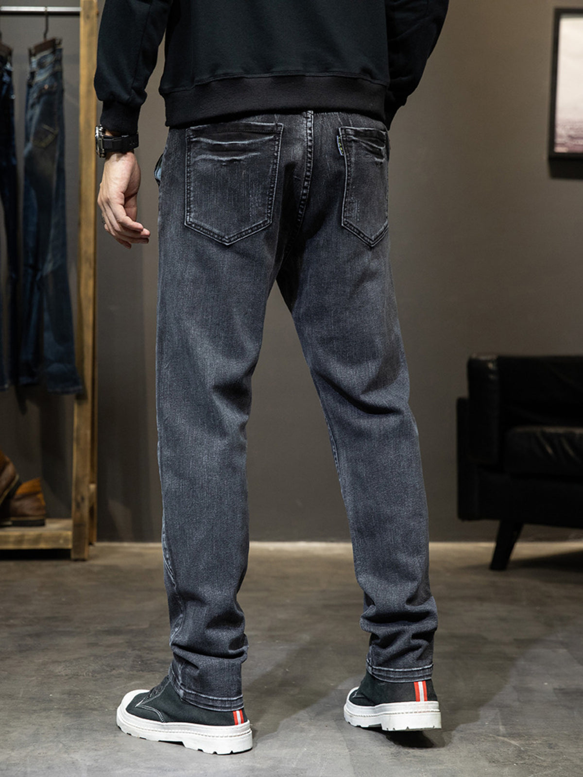 Washed Slim-Fit Jeans in Black by True Self