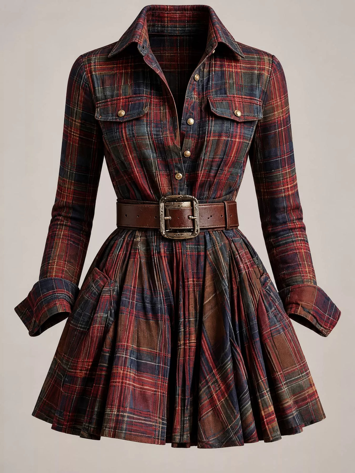 Plaid Long-Sleeve Shirt Dress with Belt