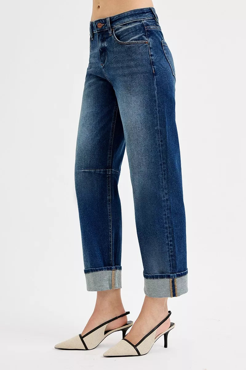 Risen Slouchy Crop Barrel Cuffed Jeans in Dark