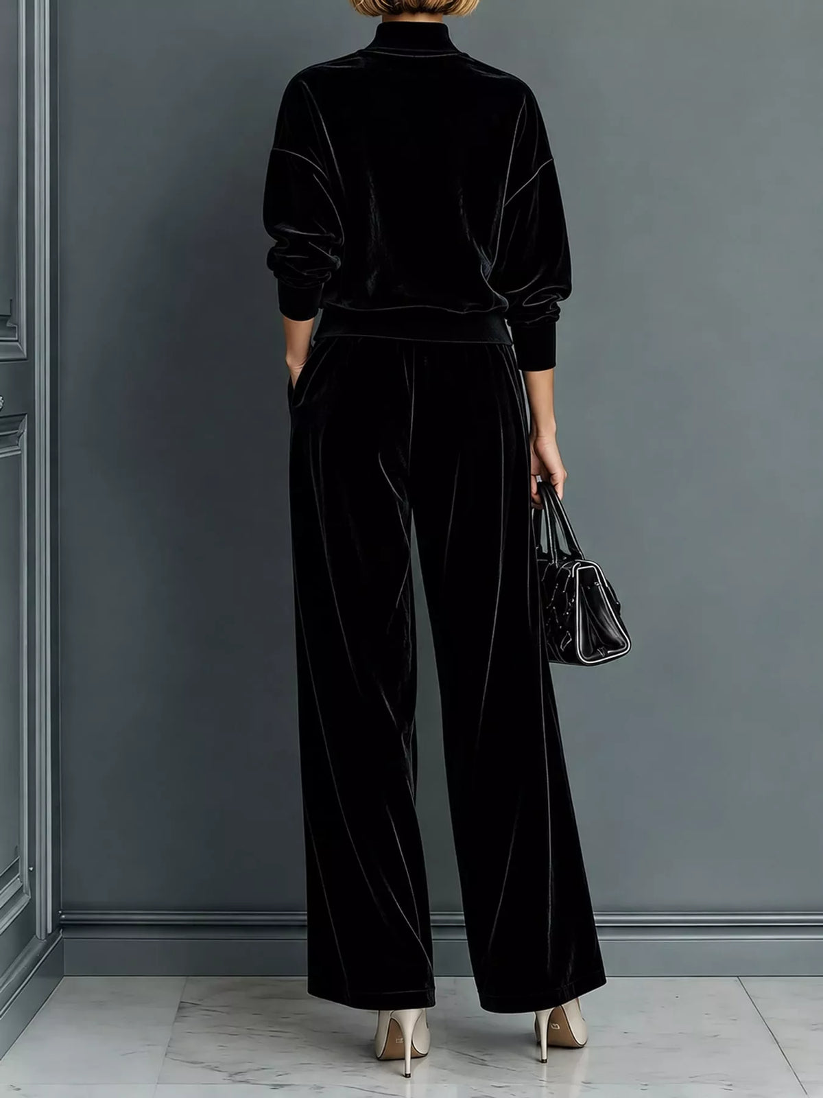 Velvet Mock Neck Top and Wide-Leg Pants Set