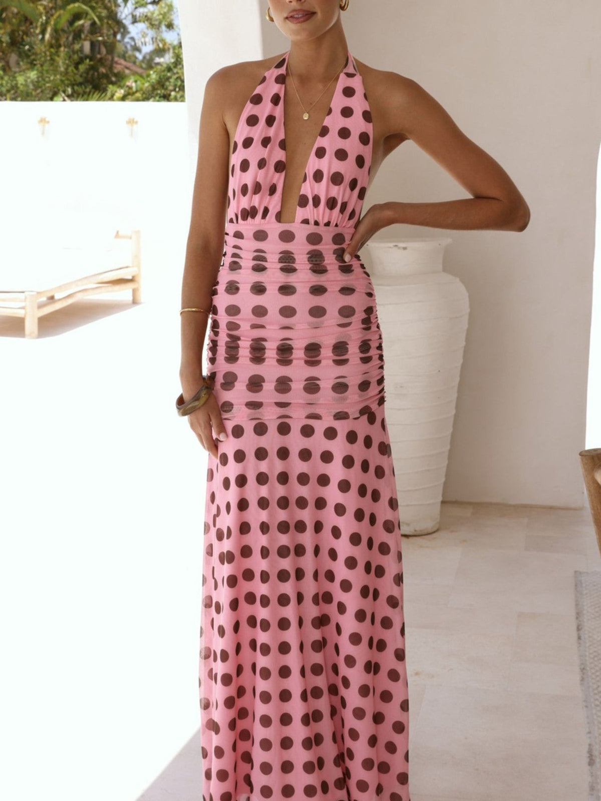 Polka Dot Halter Ruched Maxi Dress