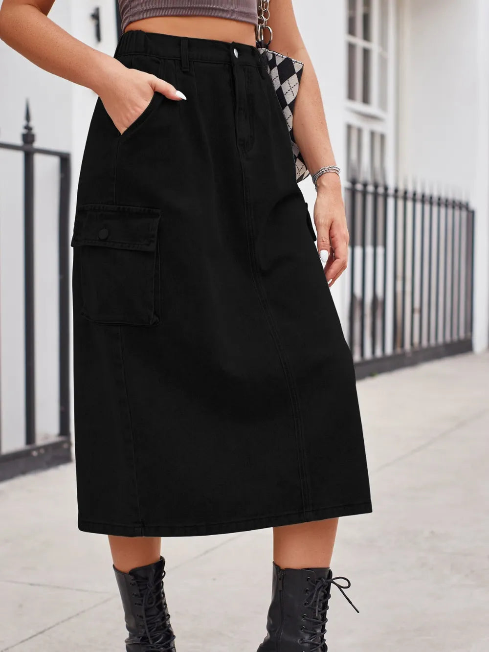 Slit Buttoned Denim Skirt with Pockets by Manny