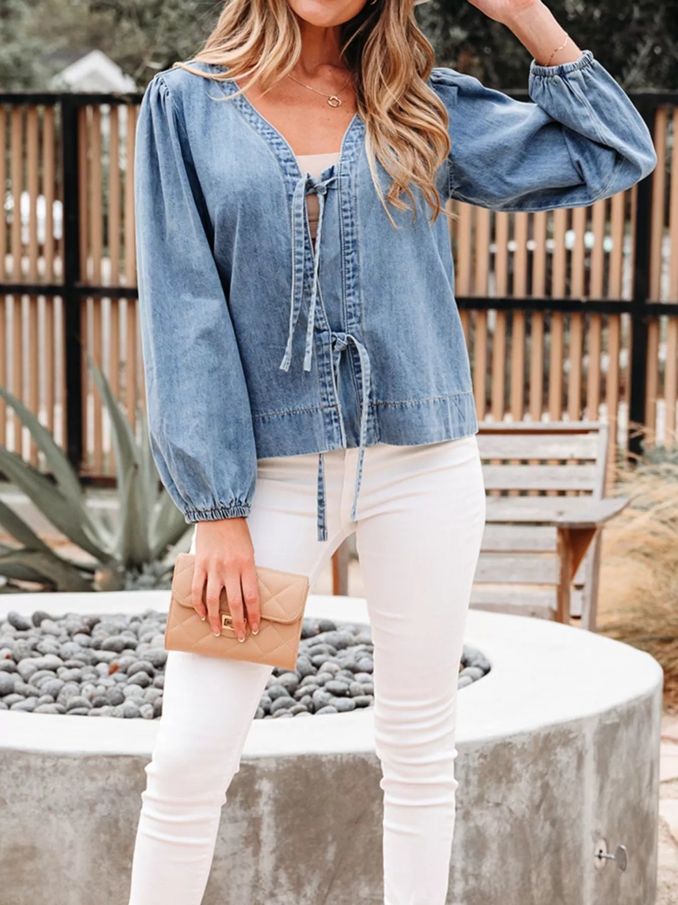 Tied Front Puff Sleeve Denim Top in Dusty Blue