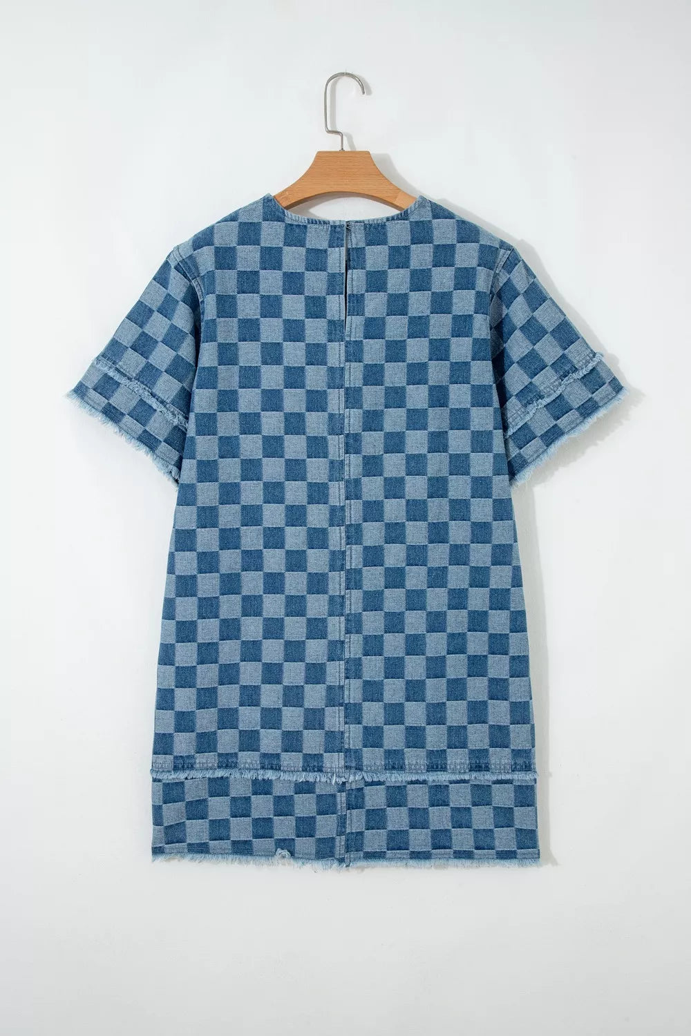 Frayed Hem Checkered Denim Mini Dress in Medium