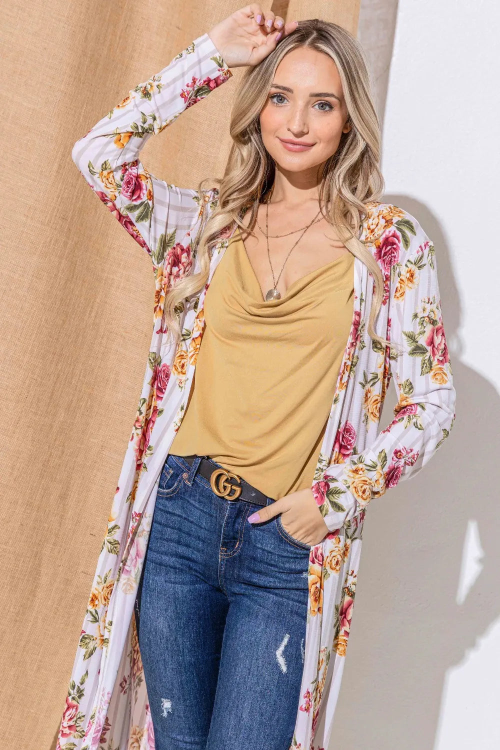 And The Why Floral Kimono Cardigan in Burgundy Stripe