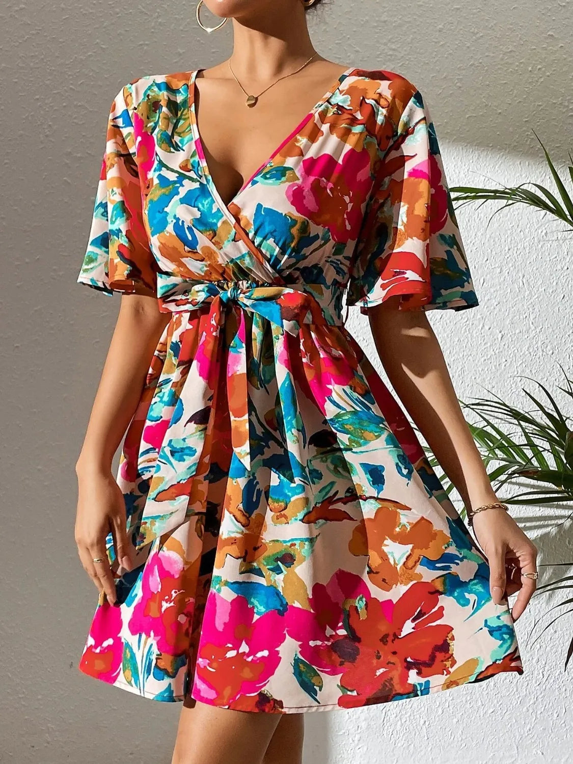 Printed Surplice Mini Dress in Hot Pink