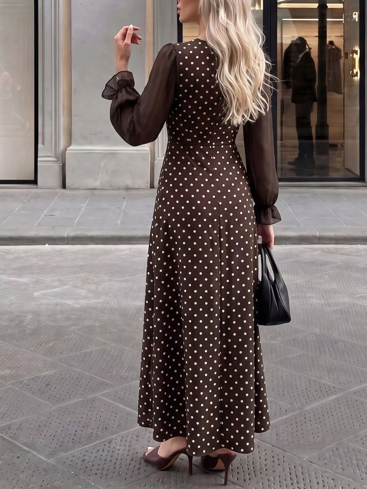 Polka Dot Square Neck Maxi Dress in Brown