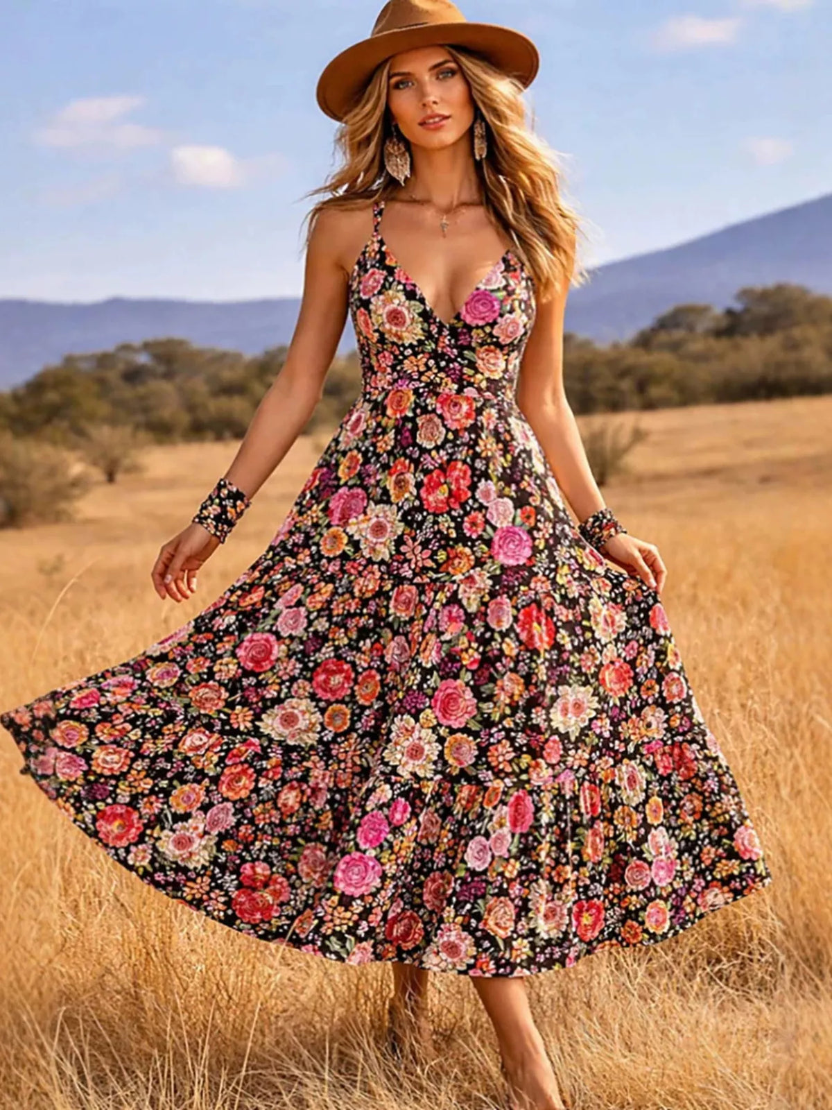 Floral Print V-Neck Tiered Midi Dress