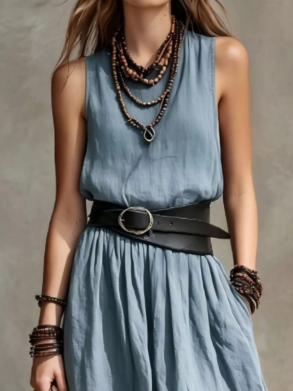 Round Neck Belted Maxi Dress