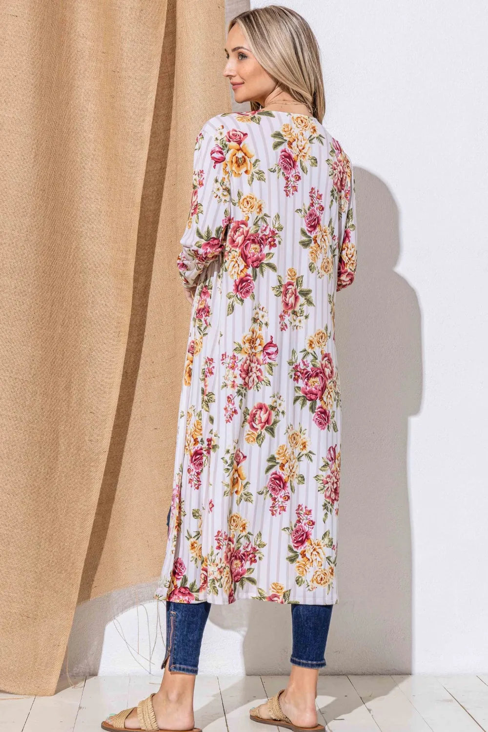 And The Why Floral Kimono Cardigan in Burgundy Stripe