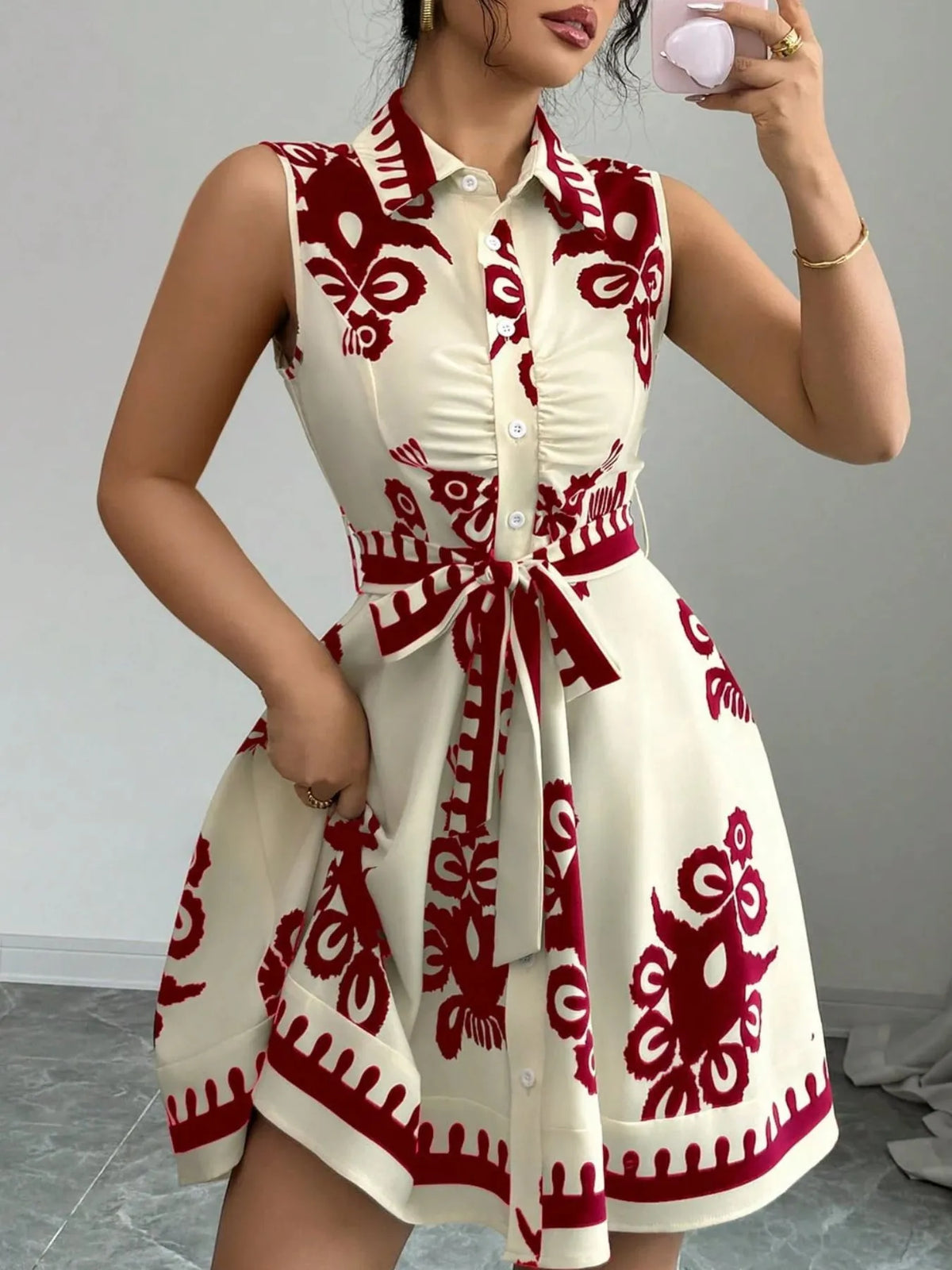 Printed Sleeveless Tie-Waist Mini Dress