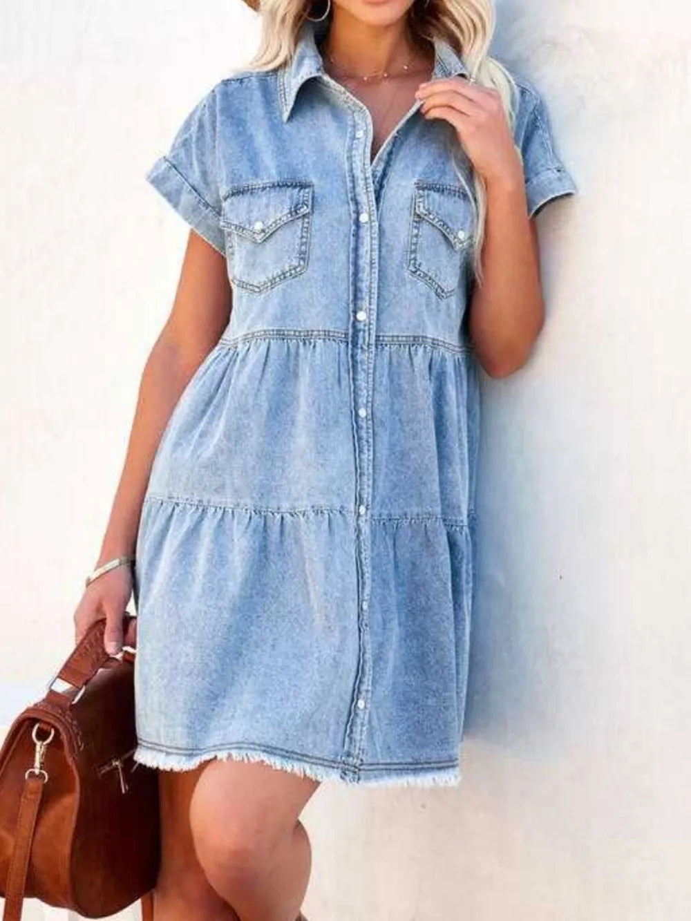 Raw-Hem Short-Sleeve Denim Dress in Light Blue by Y.Y@Denim