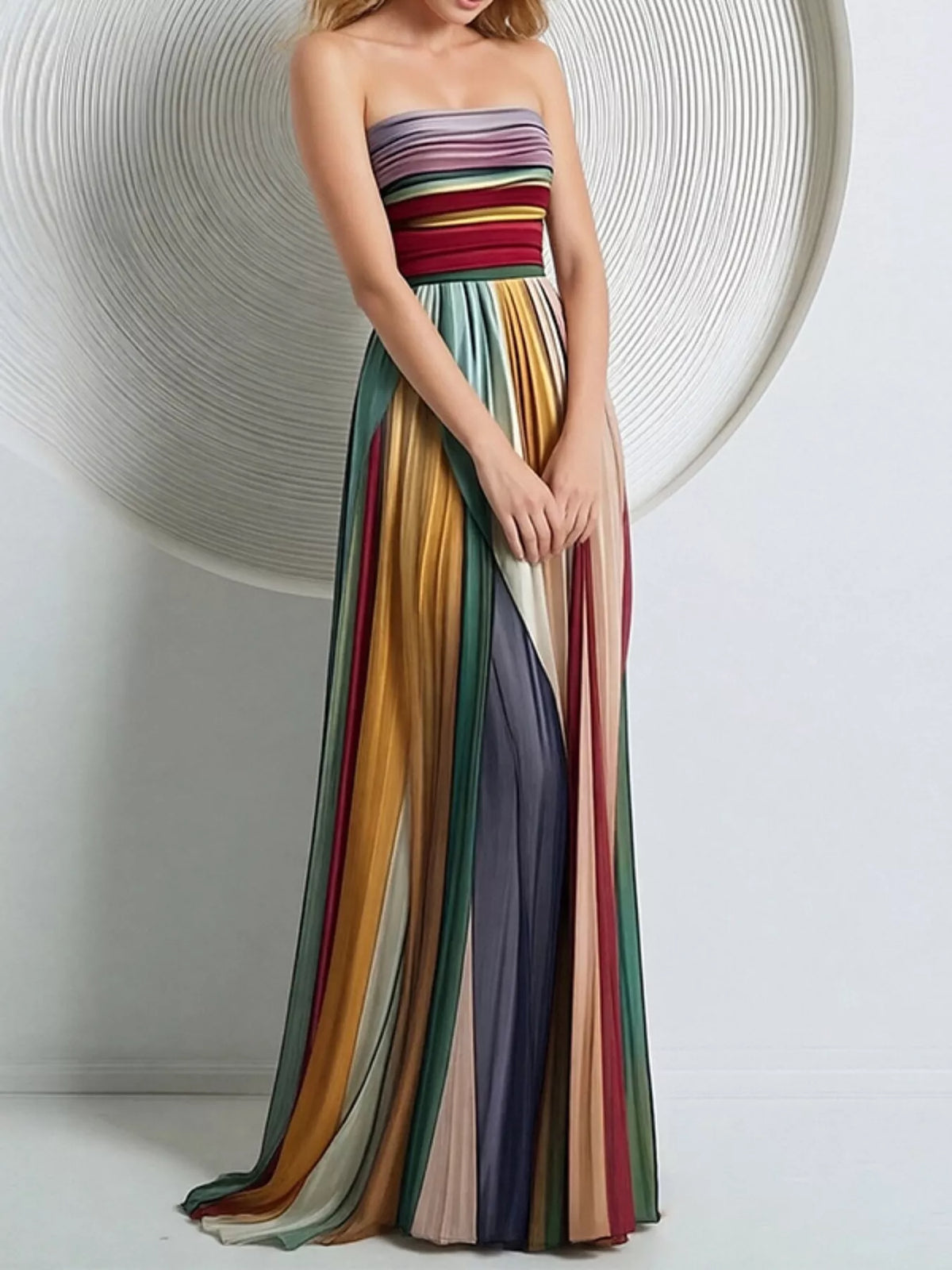 Striped Pleated Tube Maxi Dress in Multicolor